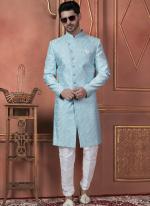 Silk Blue Wedding Wear Computer Thread Readymade Sherwani Set